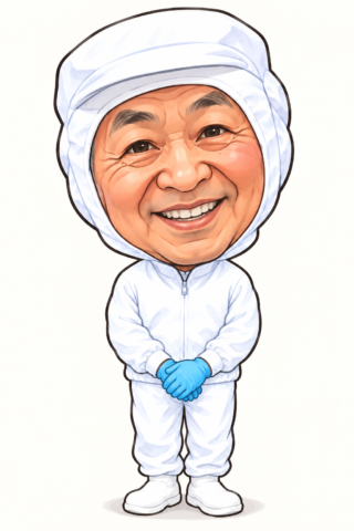 白い作業着と青い手袋を着けた、笑顔の製麺技能士のAIイラスト